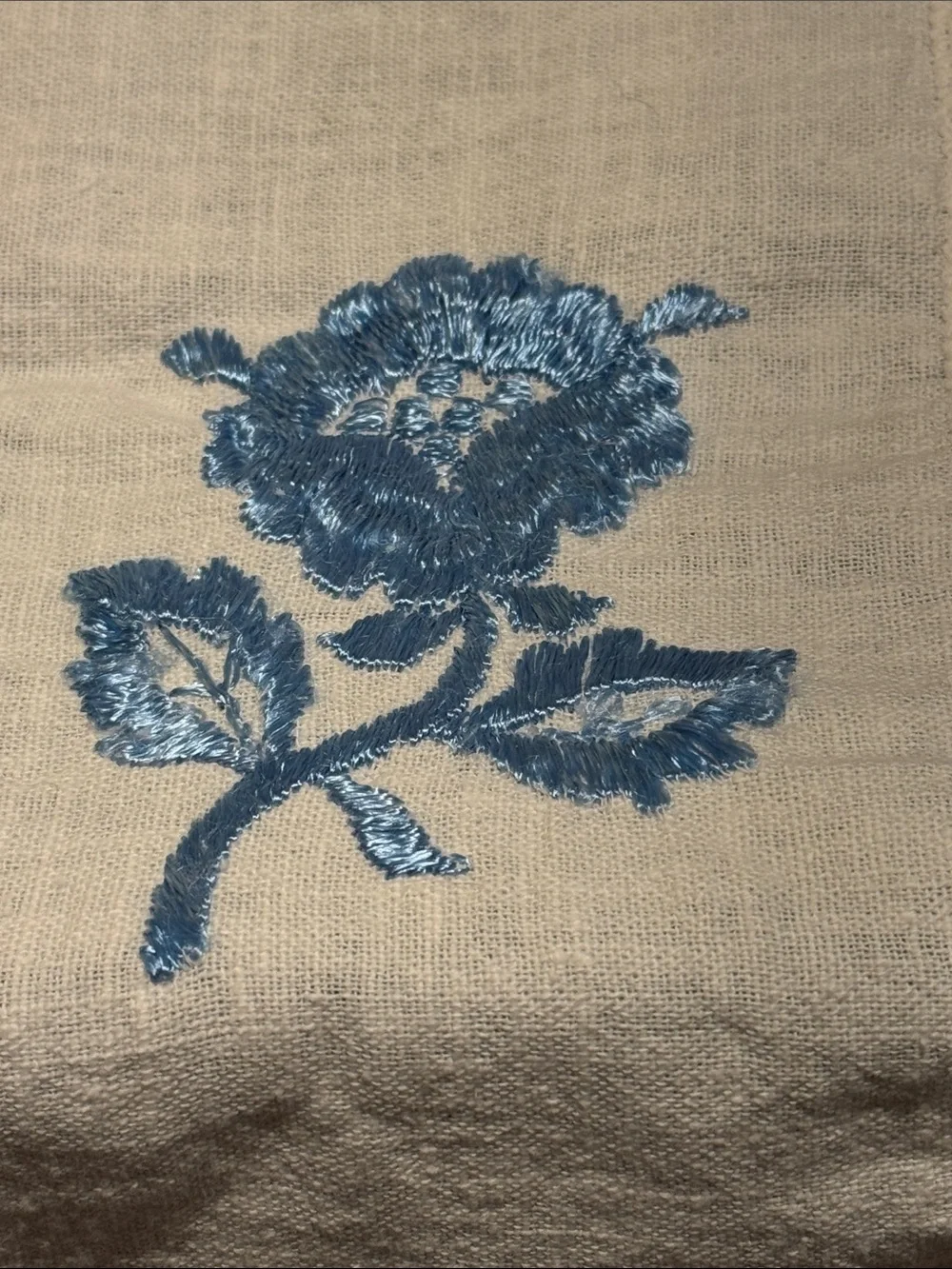 Hand Embroidered Linen Dresser or Table Runner with Blue Rose Motif